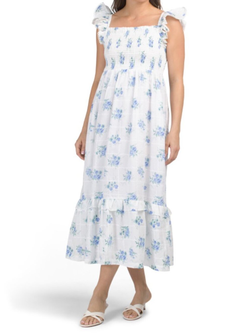 SHABBY CHIC Floral Smocked Bodice Ruffle Flounce Dress